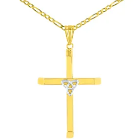 14K Two Tone Gold Plain Celtic Trinity Cross with Triquetra Symbol Pendant Figaro Chain Necklace