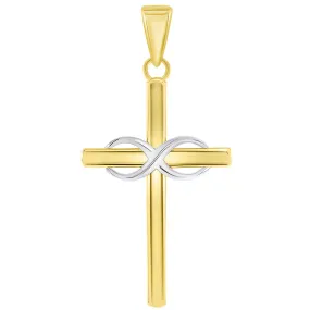 14k Two-Tone Gold Religious Plain Cross and Infinity Eternity Symbol Pendant