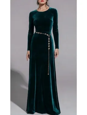 A-Line Mother of the Bride Dress Wedding Guest Simple Elegant Jewel Neck Floor Length Velvet Long Sleeve No with Sash / Ribbon Solid Color