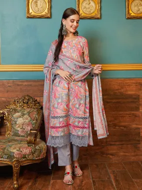 Abstract & Floral Printed Mirror, Resham & Sequins Embroidered Kurta with Pants & Dupatta - Multi