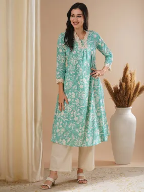 Abstract Printed A-Line Paneled Kurta with Palazzo - Green