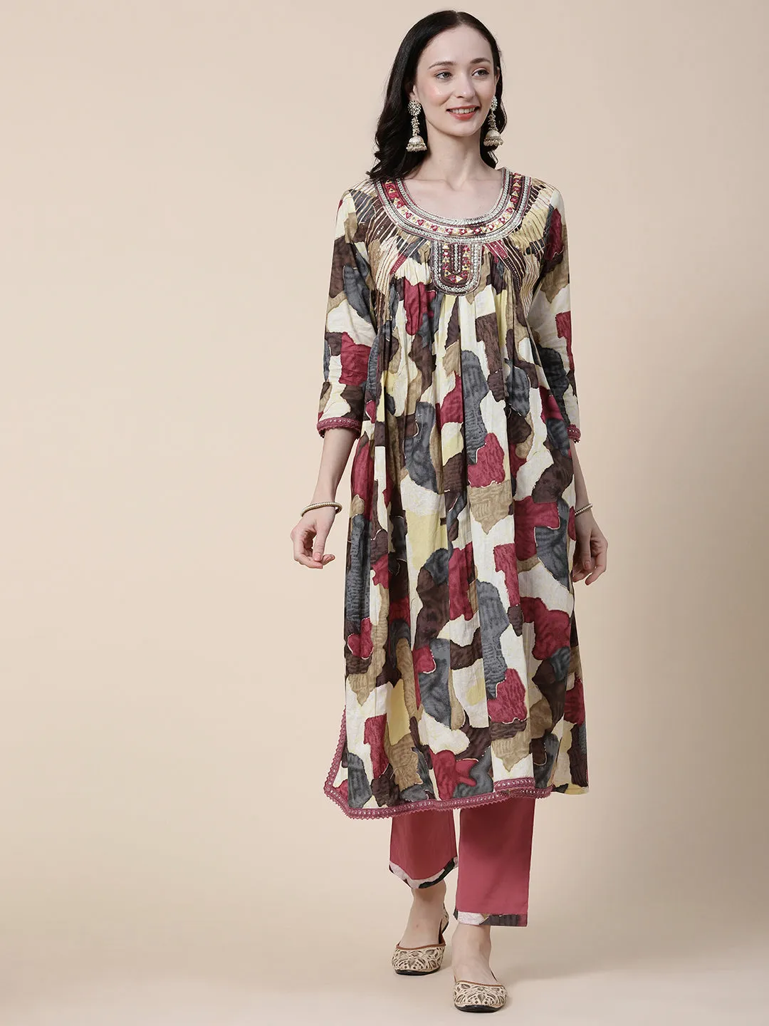 Abstract Printed Mirror, Zari & Resham Embroidered High Slit Kurta With Pants & Dupatta - Multi