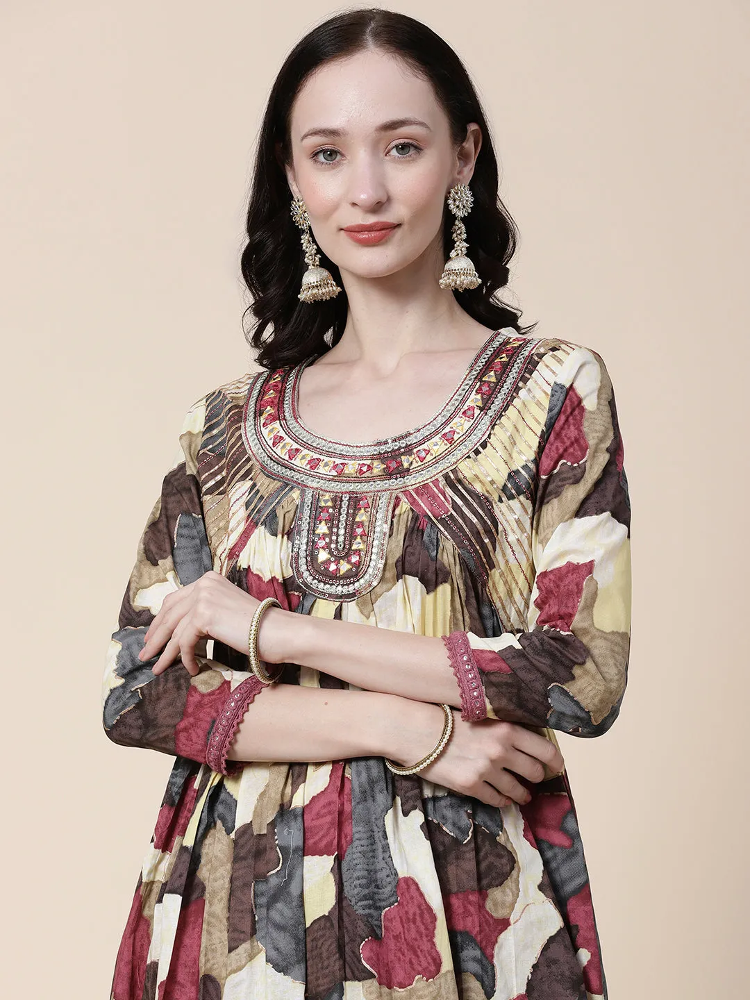 Abstract Printed Mirror, Zari & Resham Embroidered High Slit Kurta With Pants & Dupatta - Multi