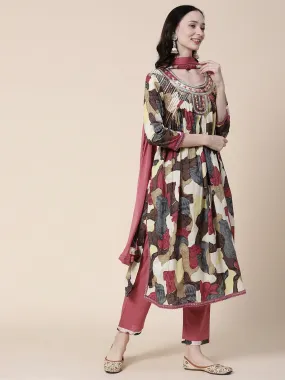 Abstract Printed Mirror, Zari & Resham Embroidered High Slit Kurta With Pants & Dupatta - Multi