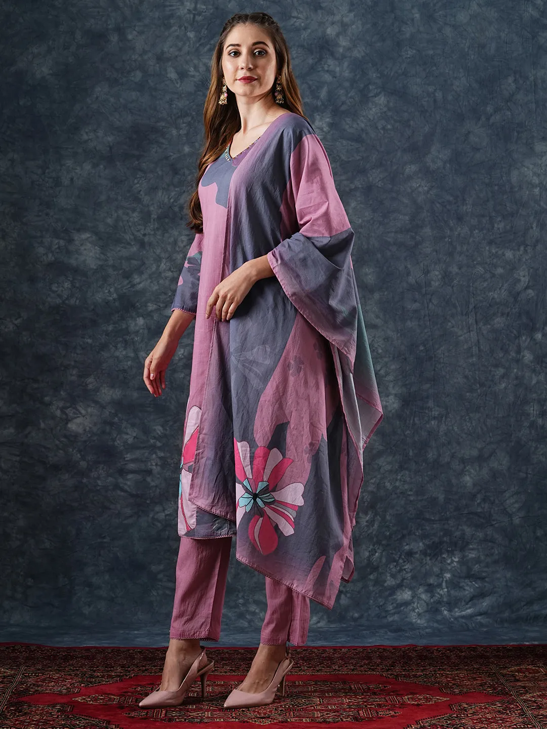 Abstract Printed Zari & Cutdana Embroidered Kurta with Pants & Dupatta - Pink