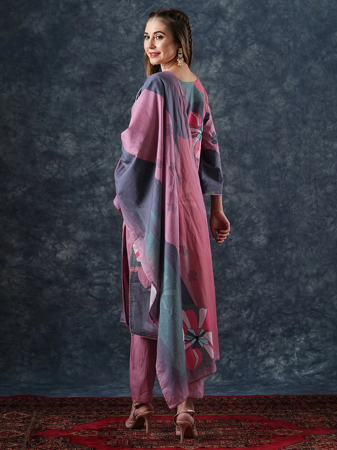 Abstract Printed Zari & Cutdana Embroidered Kurta with Pants & Dupatta - Pink