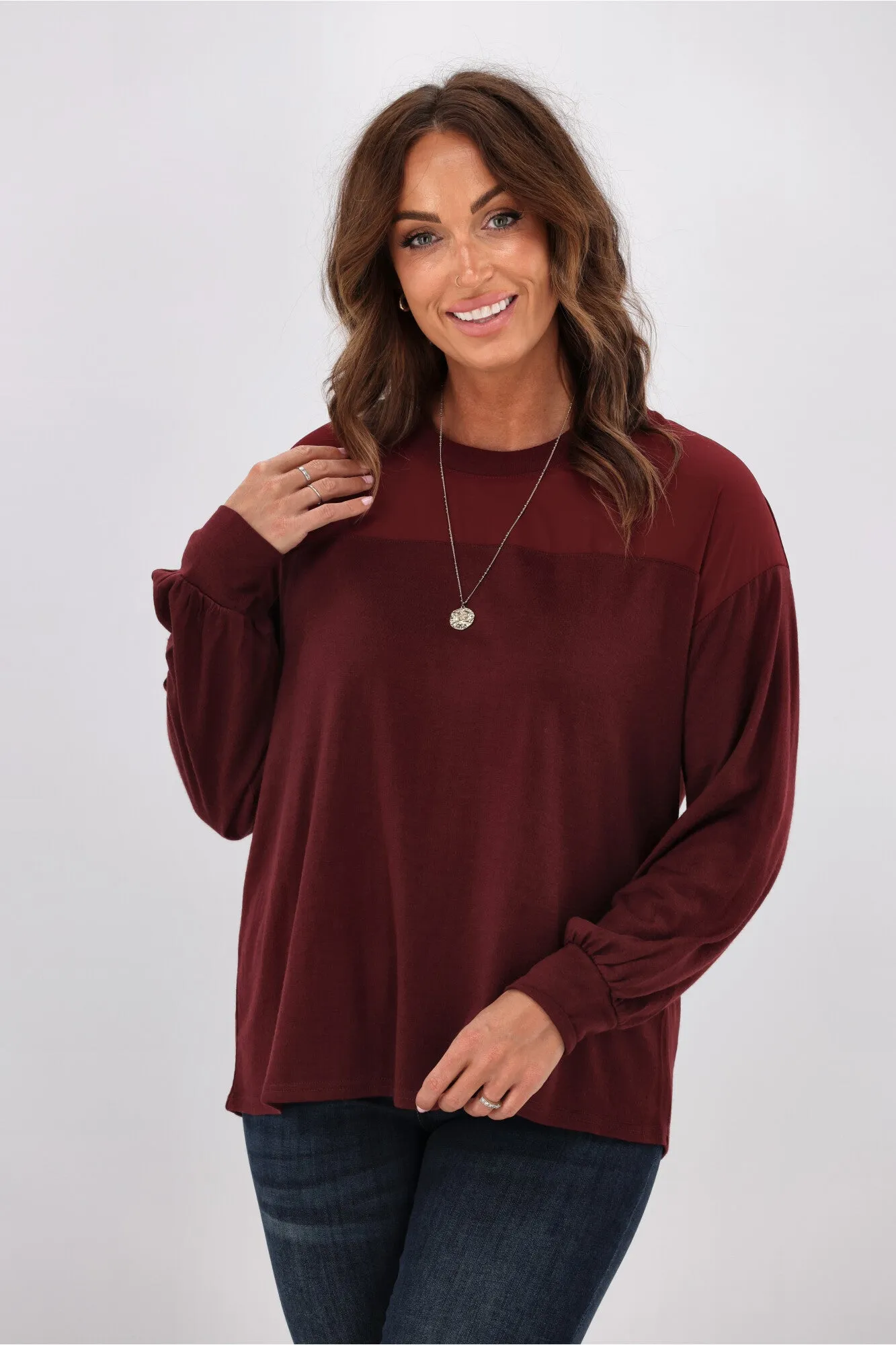 Alpine by Shine On Fleur Chiffon Yoke Merino Top Claret