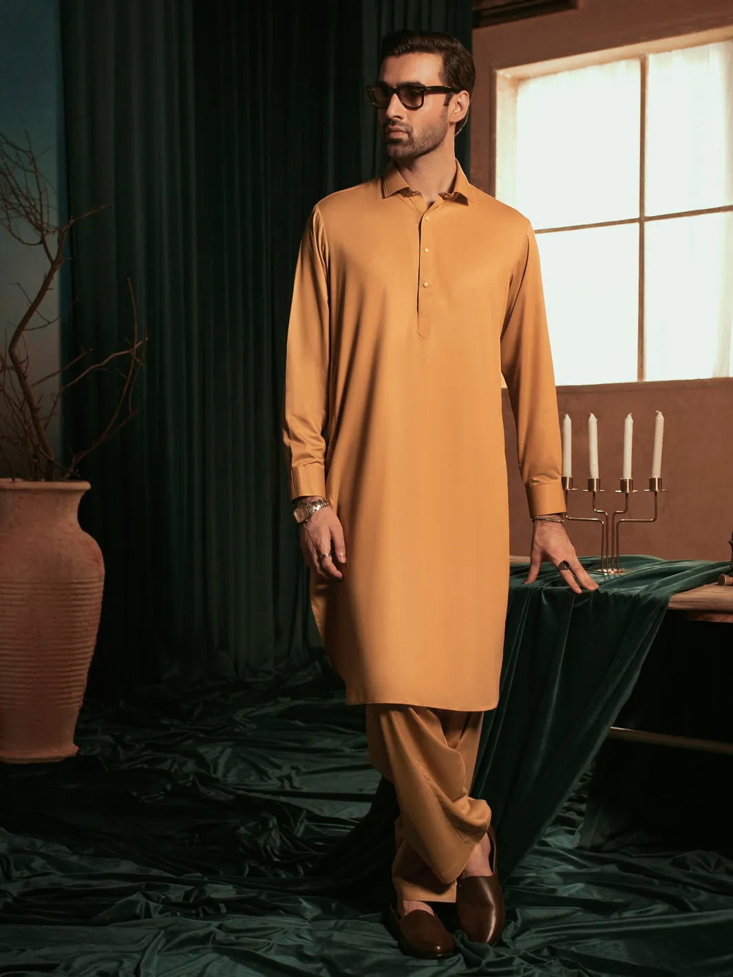 Beige Blended Kameez Shalwar - ALWA-KS-393