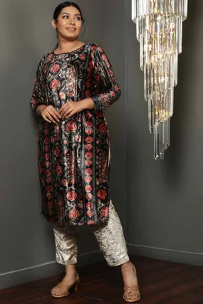 Block Floral Round Neck Velvet Kurta