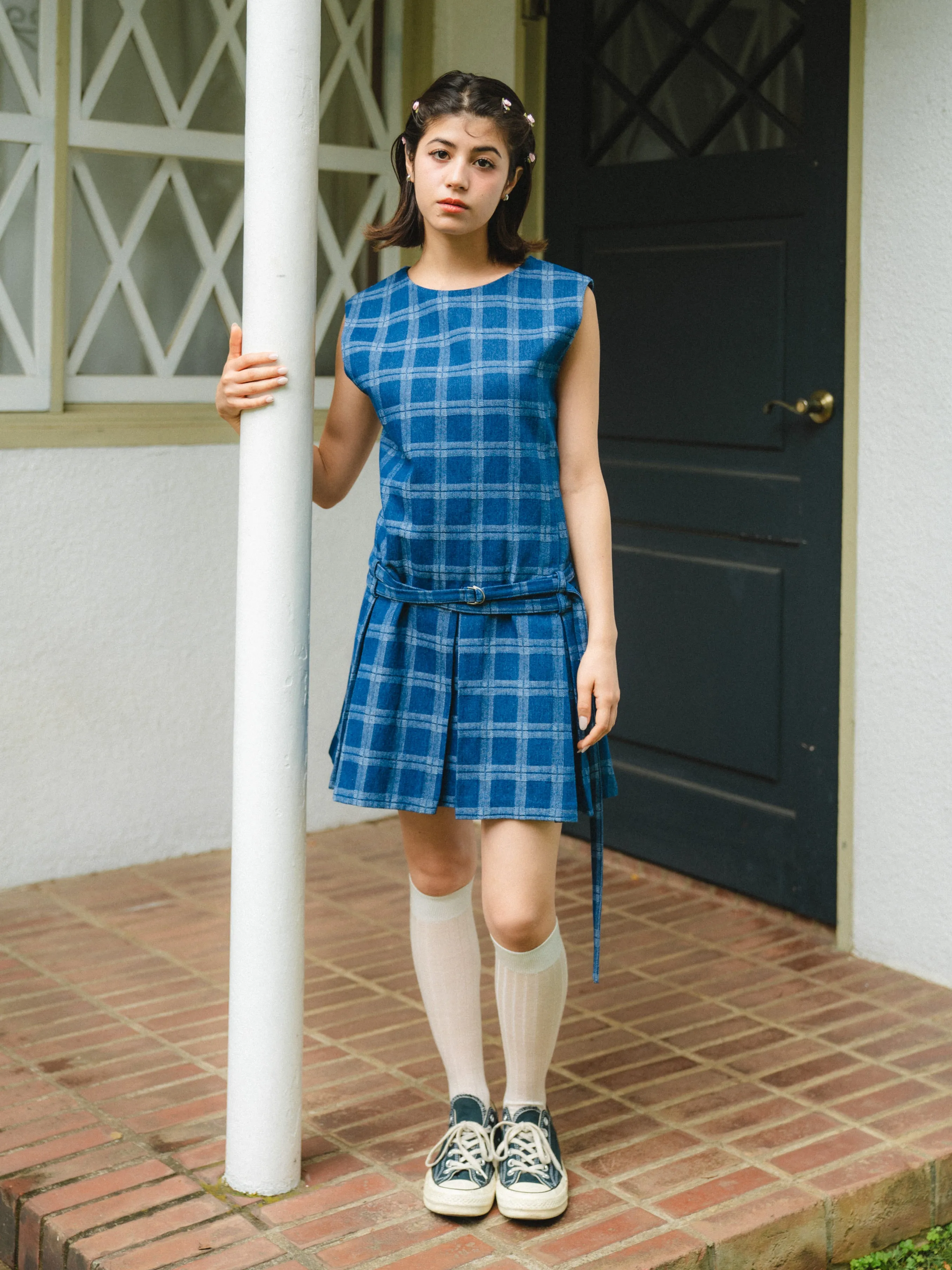 Check Design Denim Mini Dress