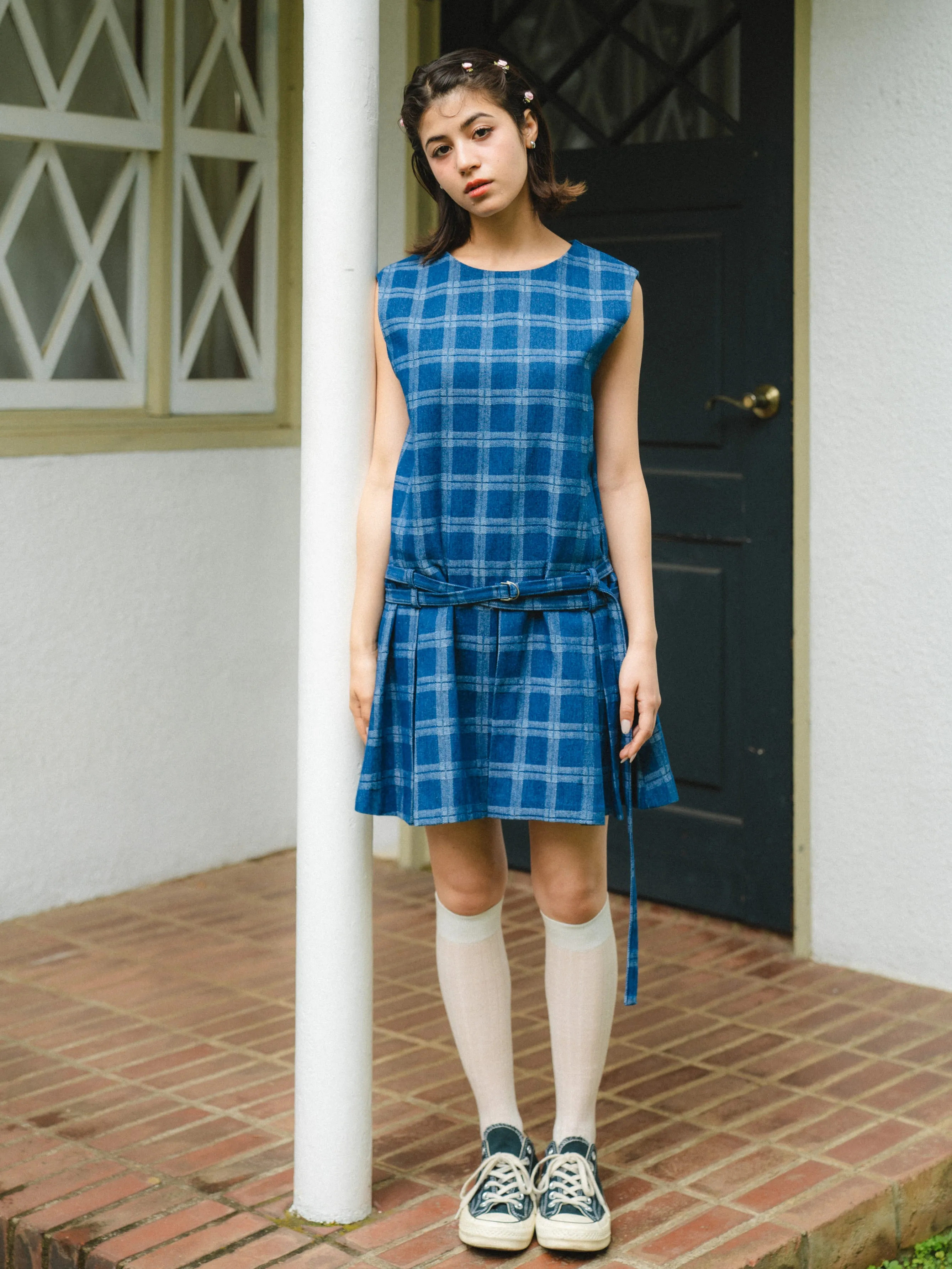 Check Design Denim Mini Dress