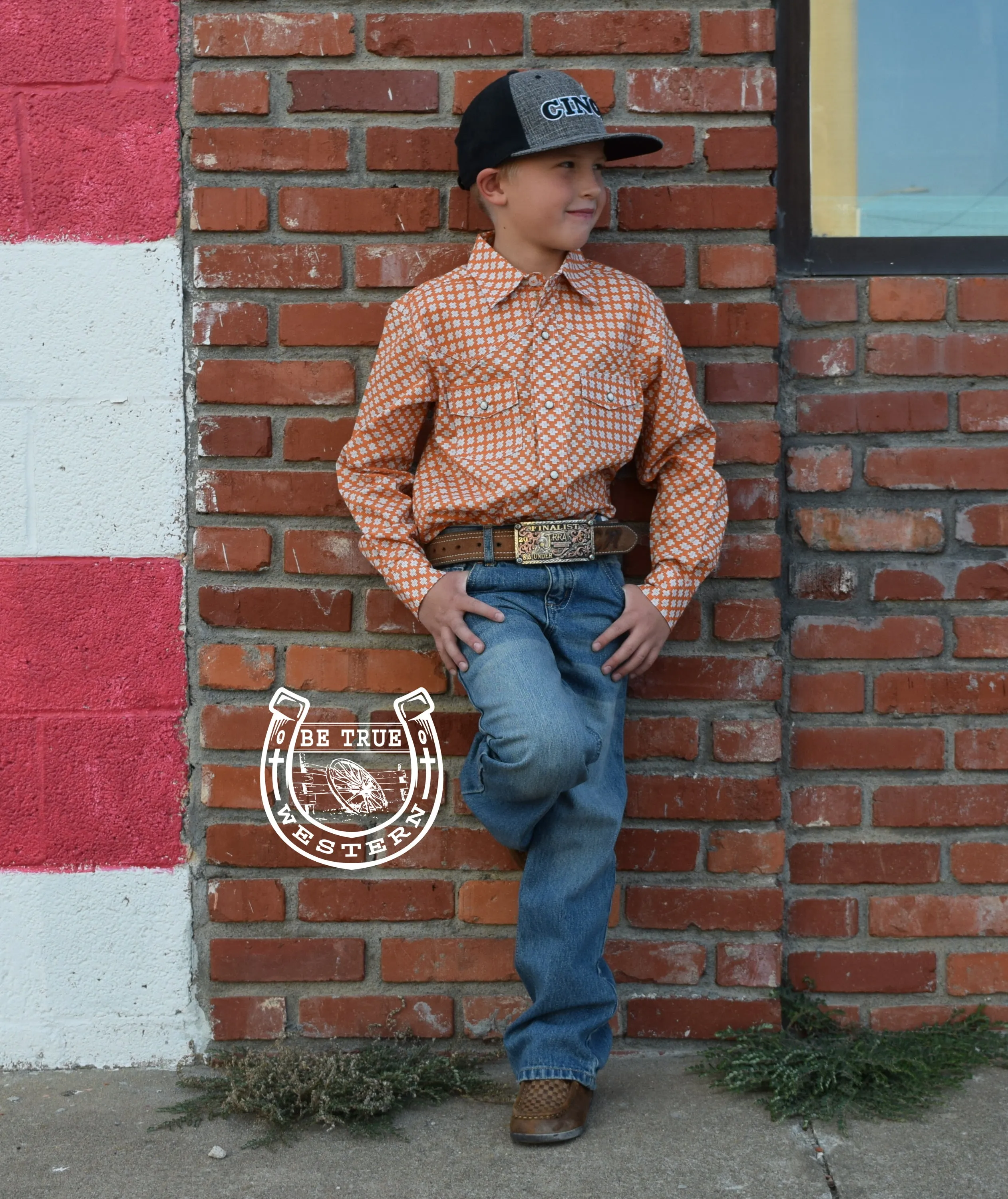 Cinch Boys Print Orange Snap Front Longsleeve Western Shirt