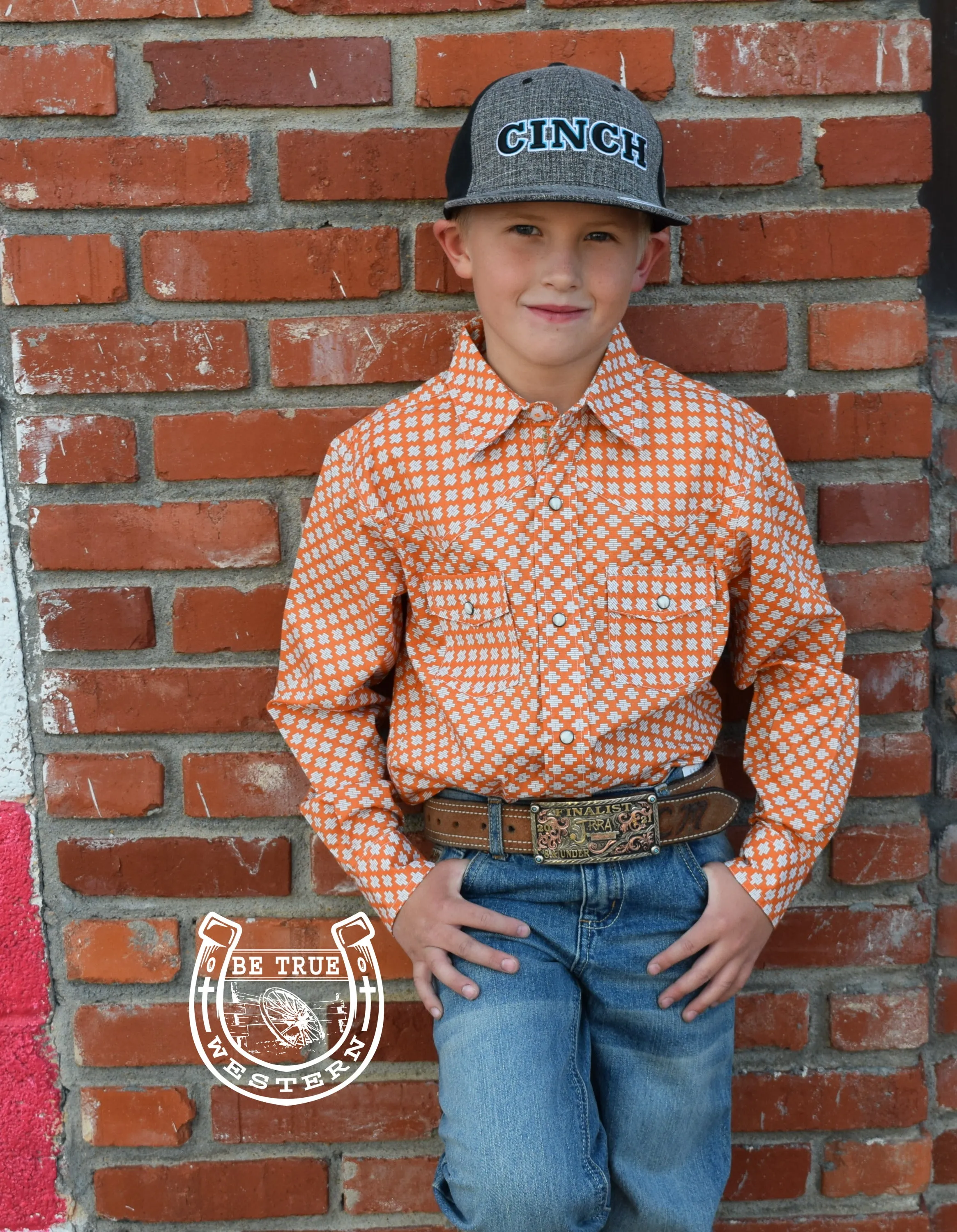 Cinch Boys Print Orange Snap Front Longsleeve Western Shirt