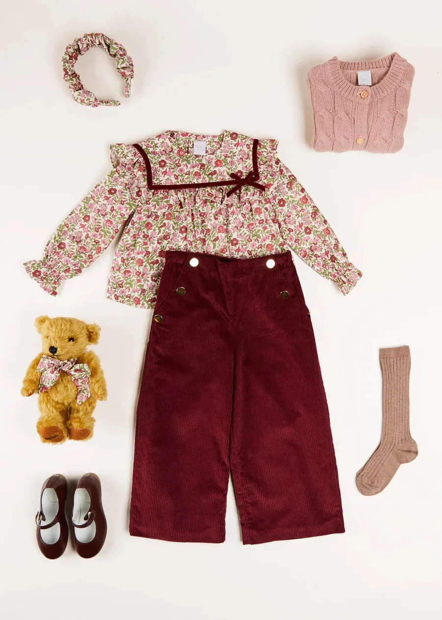 Corduroy Wide Leg Gold Button Trousers in Burgundy (4-10yrs)