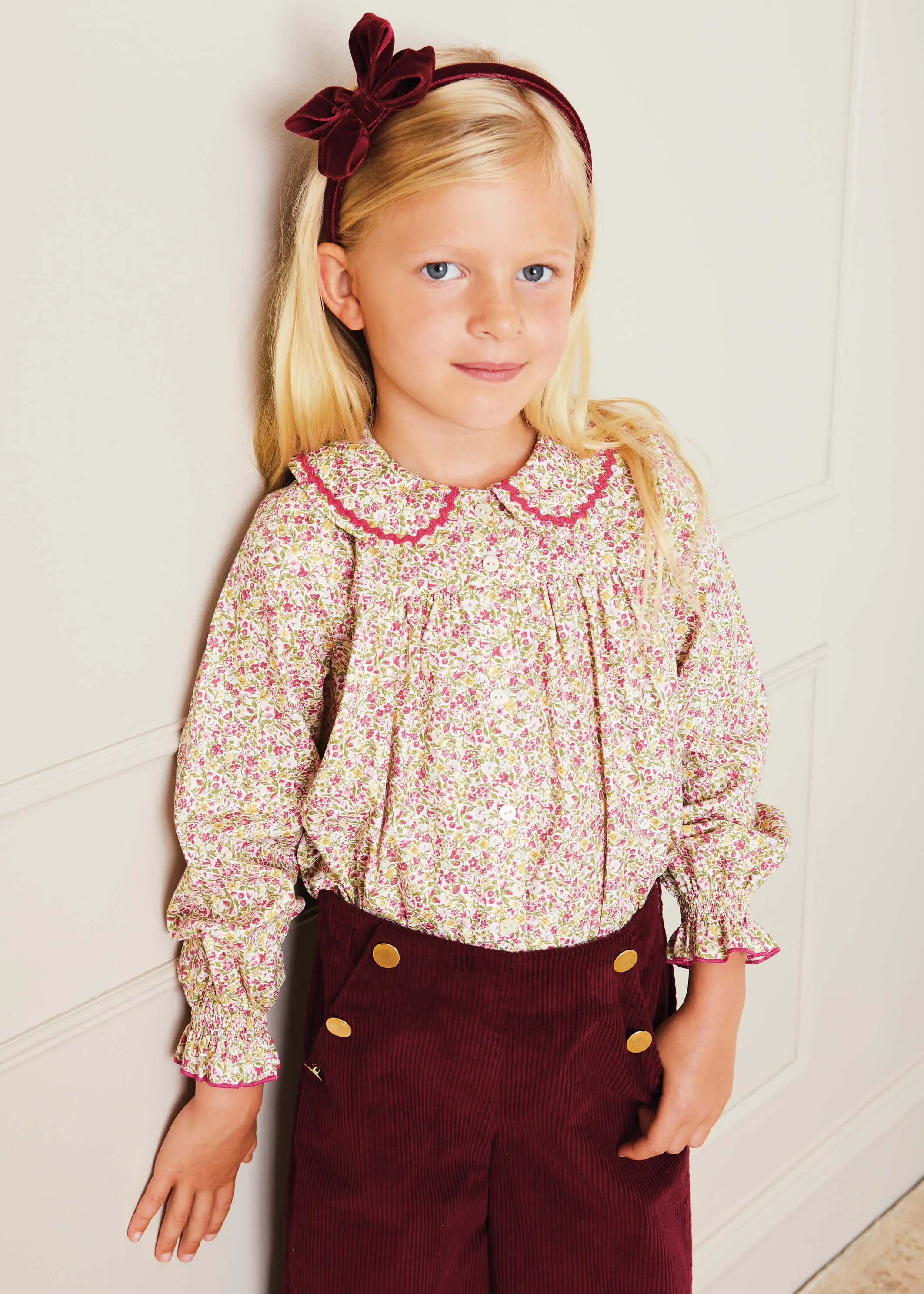 Corduroy Wide Leg Gold Button Trousers in Burgundy (4-10yrs)