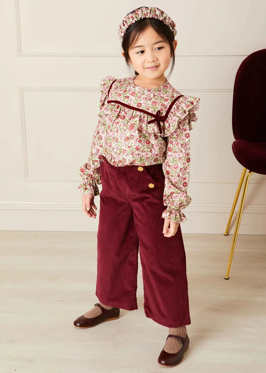 Corduroy Wide Leg Gold Button Trousers in Burgundy (4-10yrs)