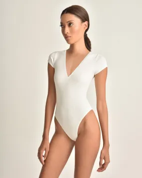 Dani V Neck Ribbed Body Suit in Ivory White