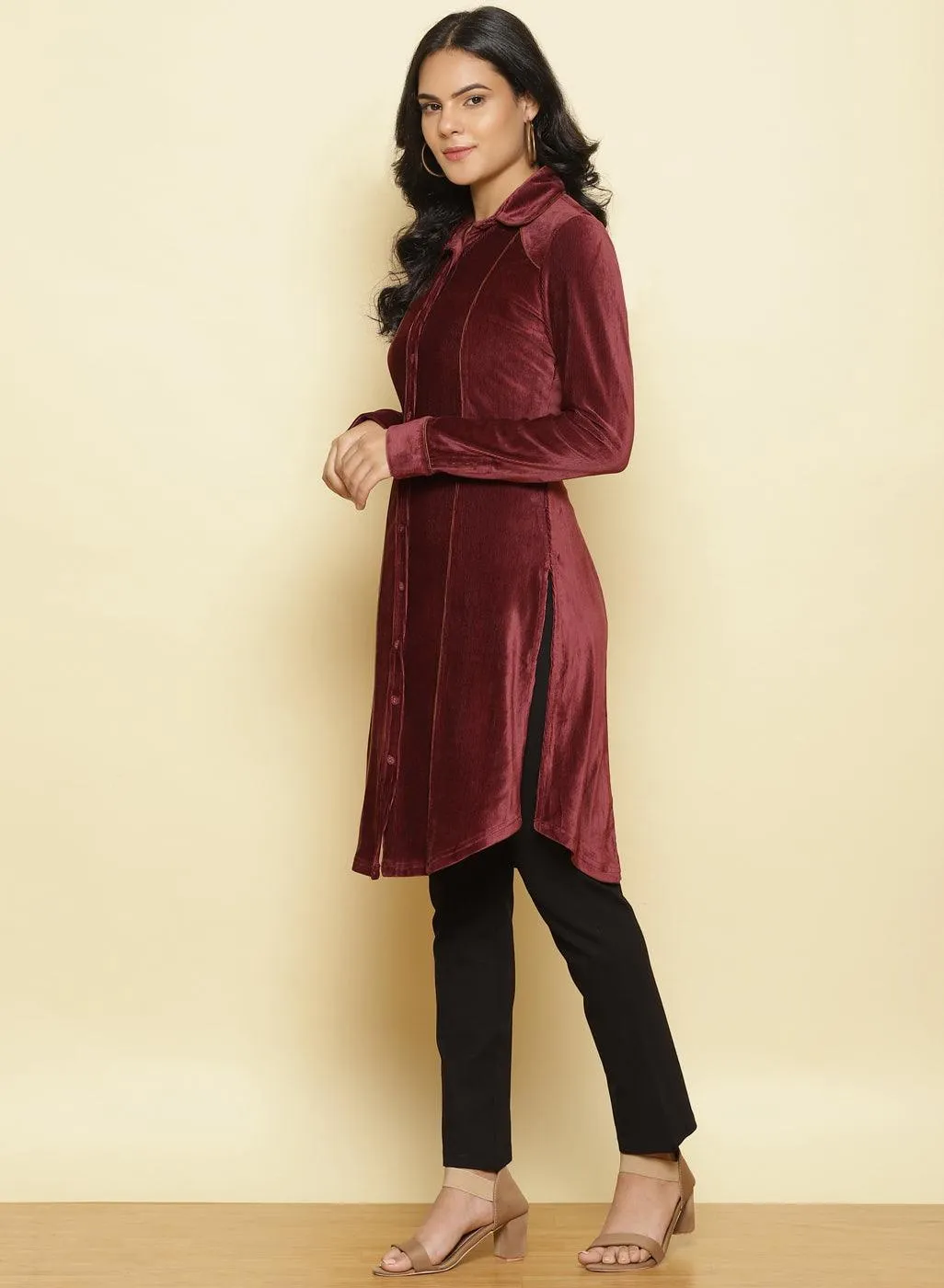 Dark Maroon Velvet Pintuck Kurti