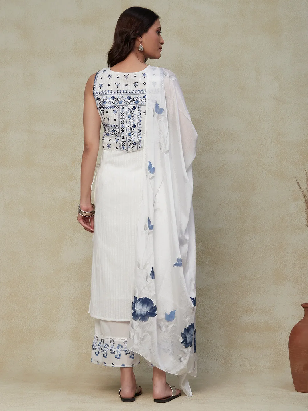 Dobby Design Resham & Mirror Embroidered Kurta with Palazzo & Hand Painted Dupatta - White