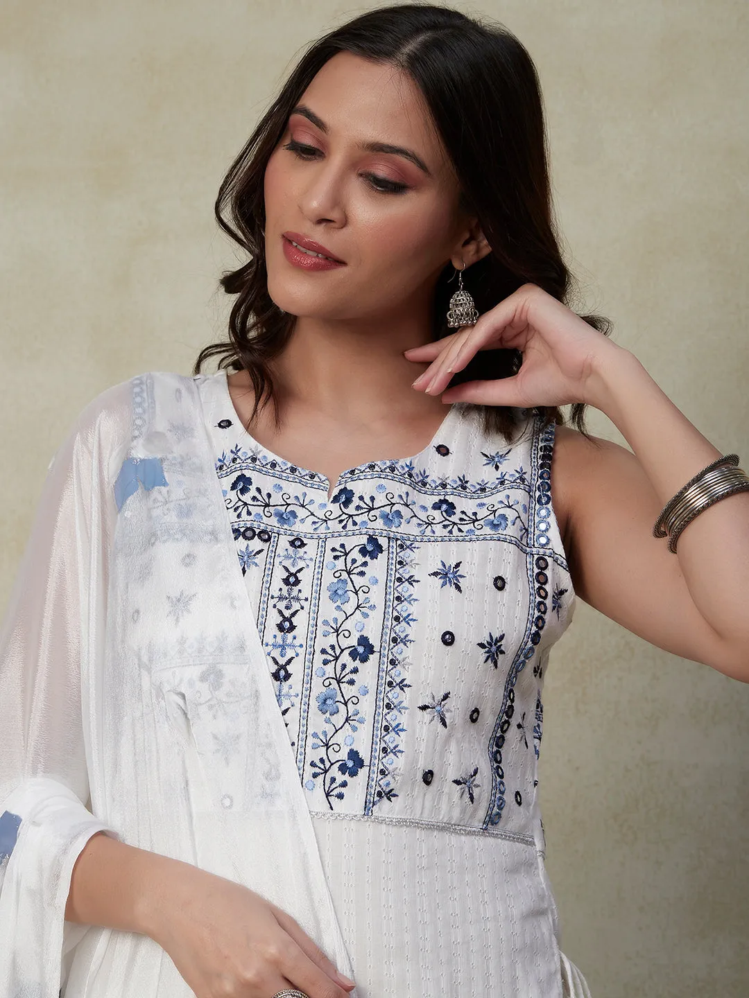 Dobby Design Resham & Mirror Embroidered Kurta with Palazzo & Hand Painted Dupatta - White