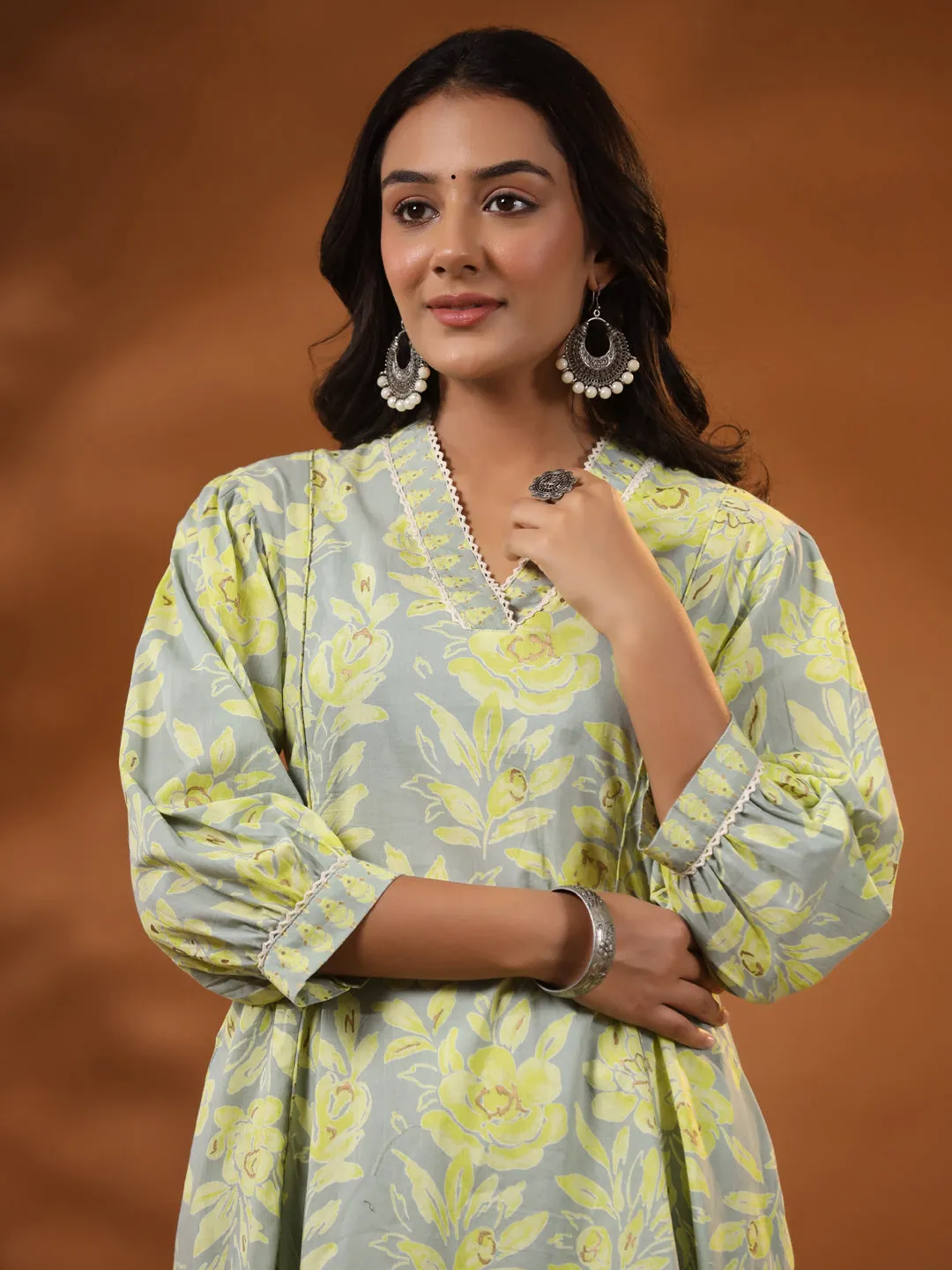 Ethnic Floral Foil Printed A-Line Paneled Kurta with Pant - Mint Green