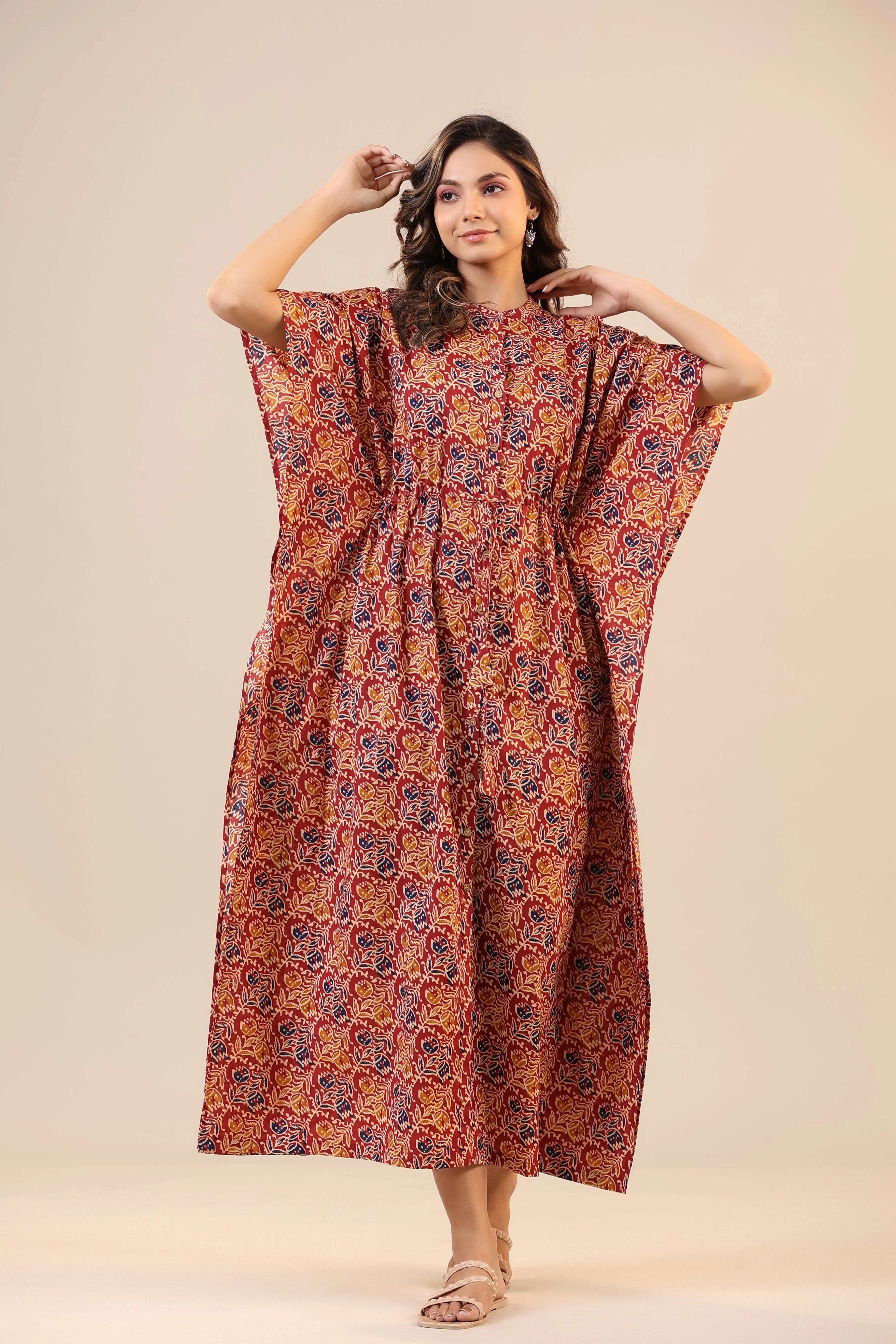 Ethnic jaal On Maroon Front Buttoned Cotton Kaftan