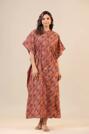 Ethnic jaal On Maroon Front Buttoned Cotton Kaftan