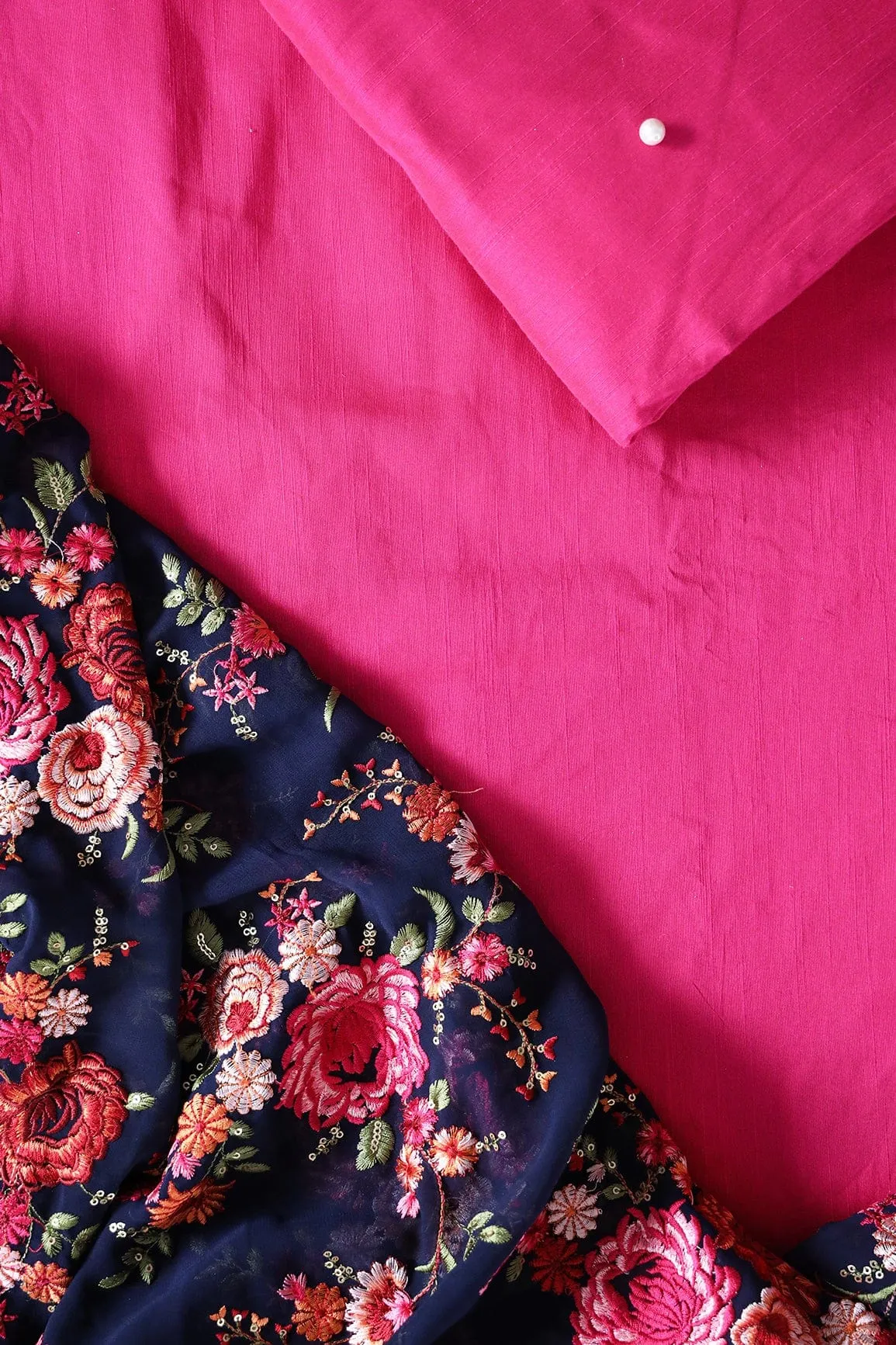 Fuchsia And Navy Blue Unstitched Suit (3 Piece)