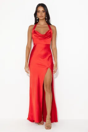 Girl In The Spotlight Halter Neck Satin Maxi Dress Red