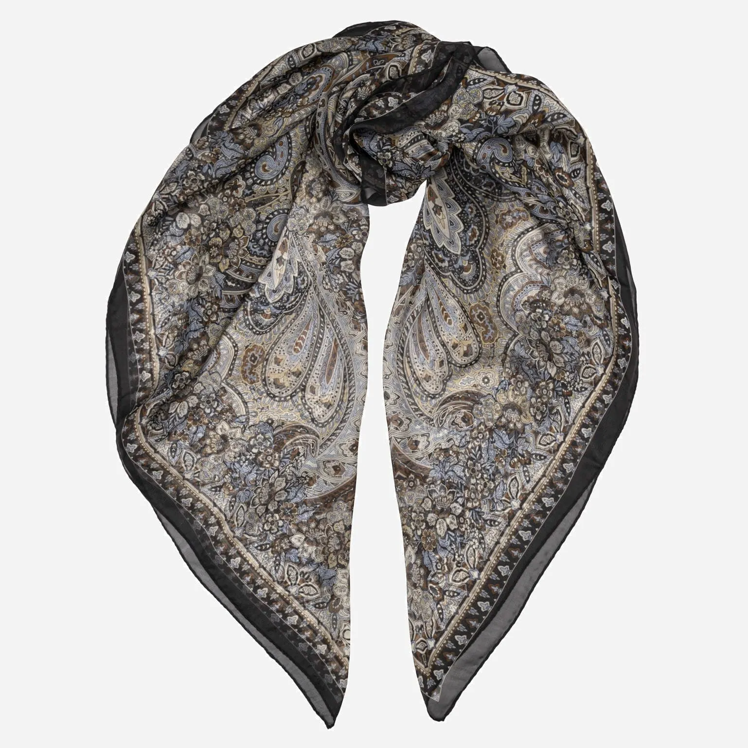 Helena - Large Silk Scarf - Brown and Blue