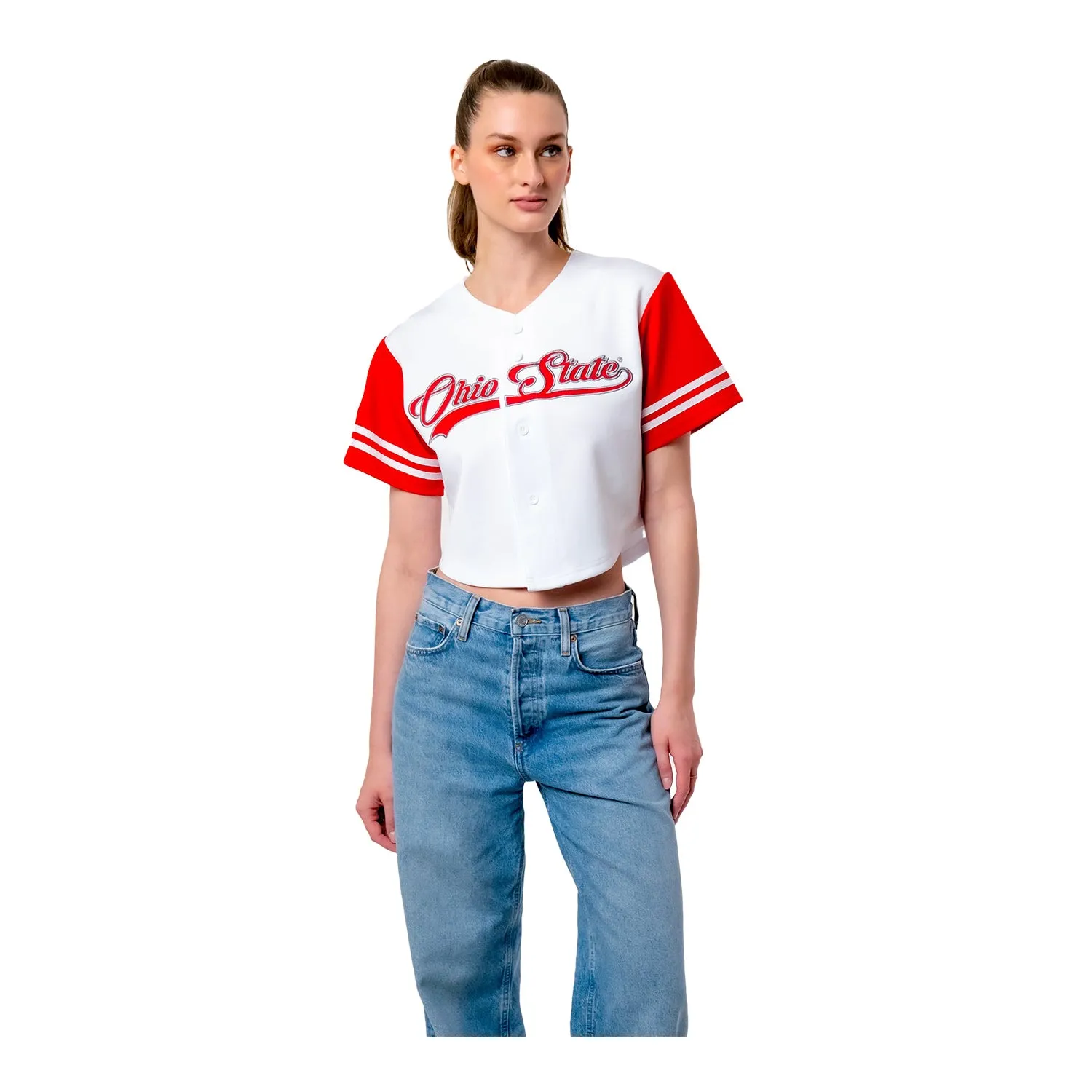 Ladies Ohio State Buckeyes Baseball Script White Cropped Jersey