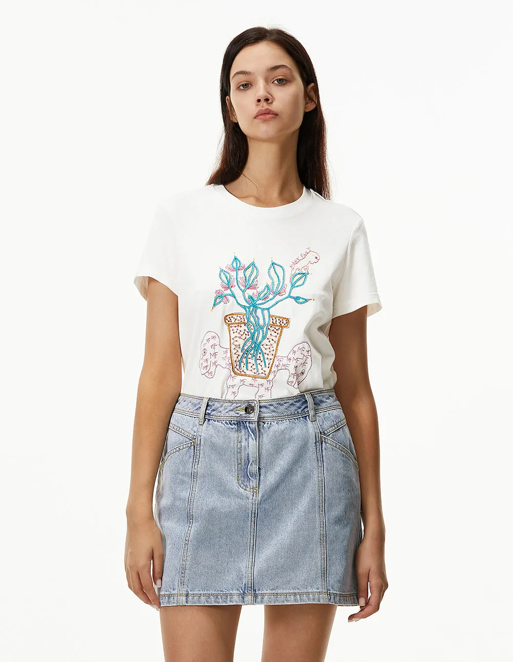 MARK FAST Women Flower & Little Monster Short Sleeve T-Shirt