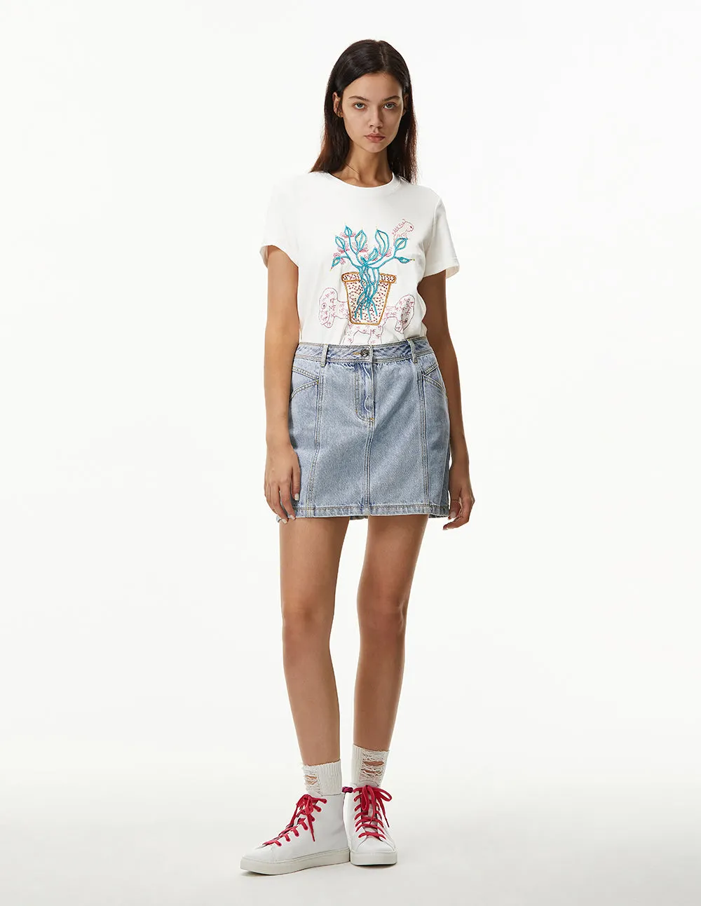 MARK FAST Women Flower & Little Monster Short Sleeve T-Shirt