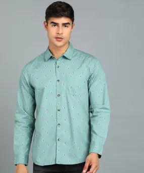 Men's Green Cotton Full Sleeve Slim Fit Casual Printed Shirt