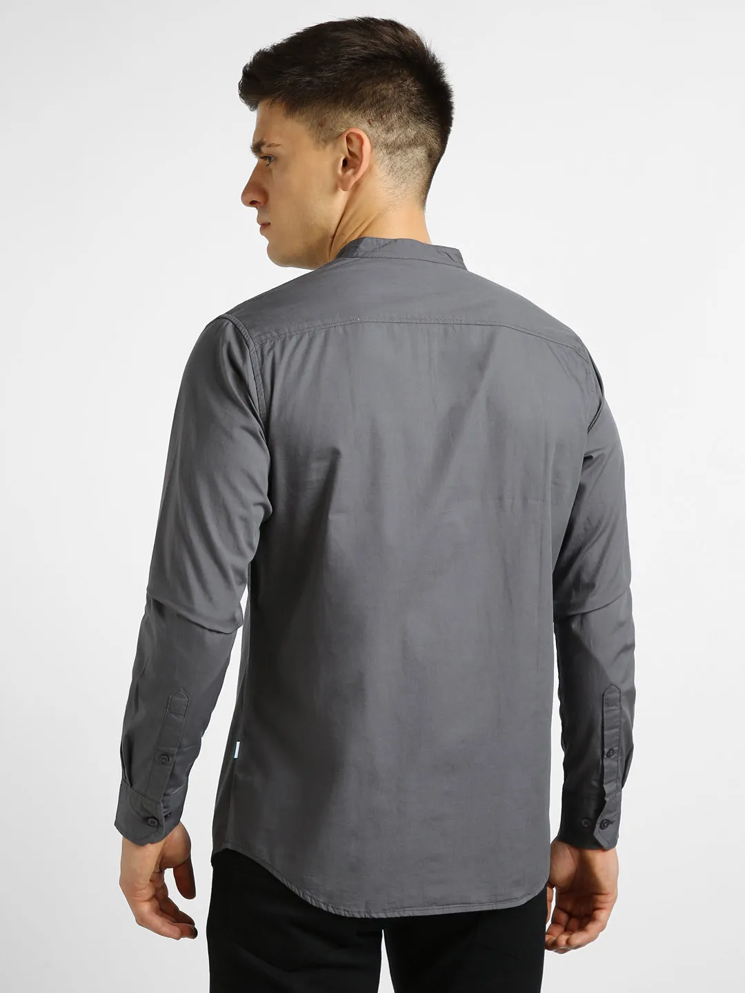 Men's Grey Cotton Full Sleeve Slim Fit Solid Shirt with Mandarin Collar