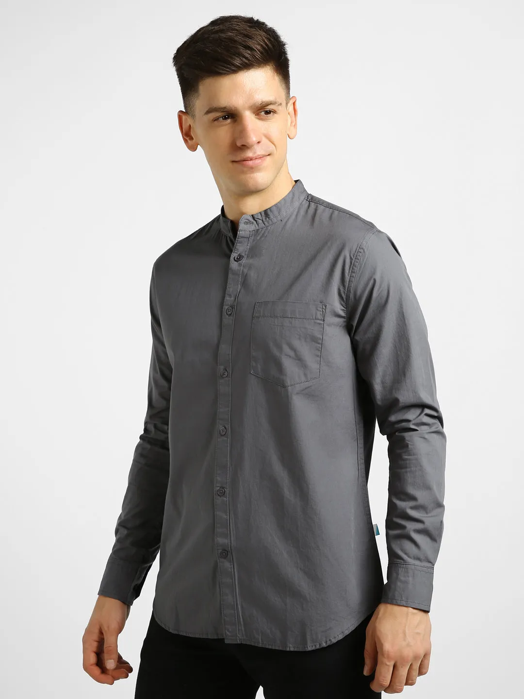 Men's Grey Cotton Full Sleeve Slim Fit Solid Shirt with Mandarin Collar