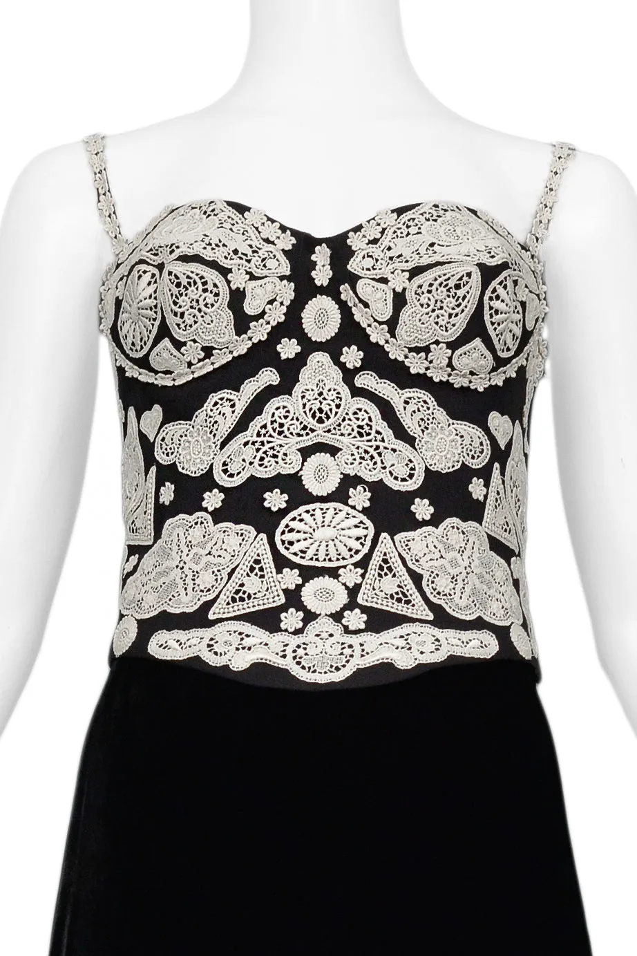 MOSCHINO 1991 BLACK & WHITE BUSTIER & VELVET SKIRT SET WITH CROCHET APPLIQUES