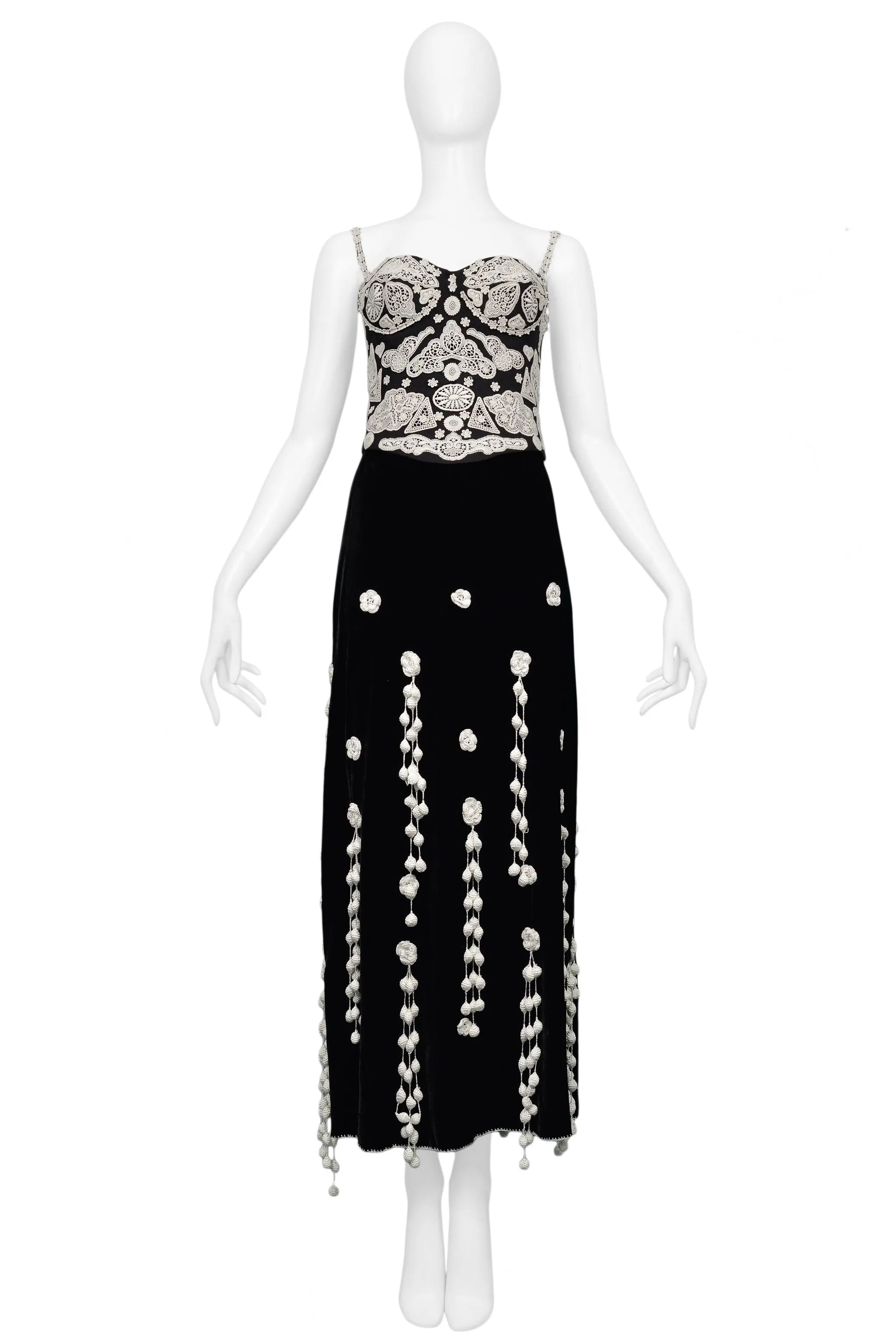 MOSCHINO 1991 BLACK & WHITE BUSTIER & VELVET SKIRT SET WITH CROCHET APPLIQUES