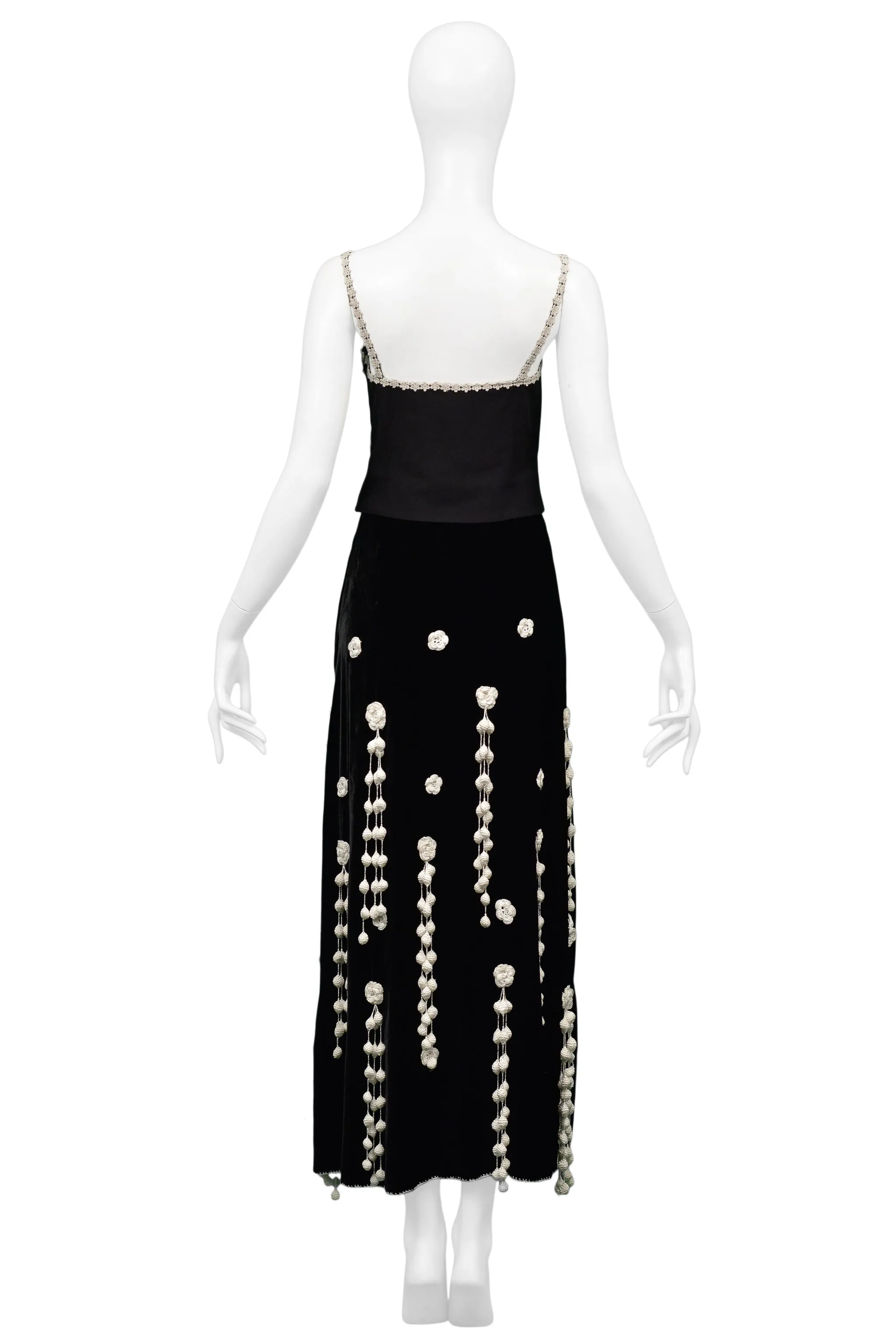 MOSCHINO 1991 BLACK & WHITE BUSTIER & VELVET SKIRT SET WITH CROCHET APPLIQUES