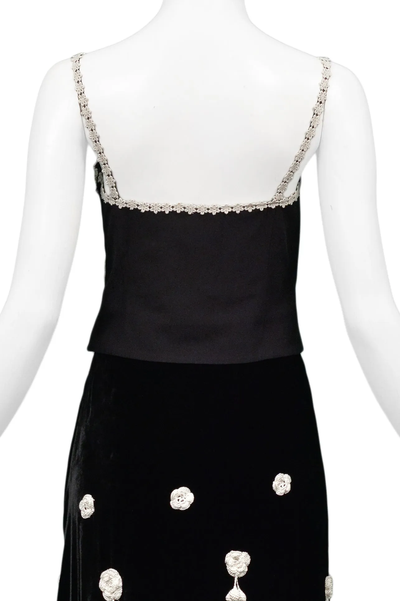 MOSCHINO 1991 BLACK & WHITE BUSTIER & VELVET SKIRT SET WITH CROCHET APPLIQUES