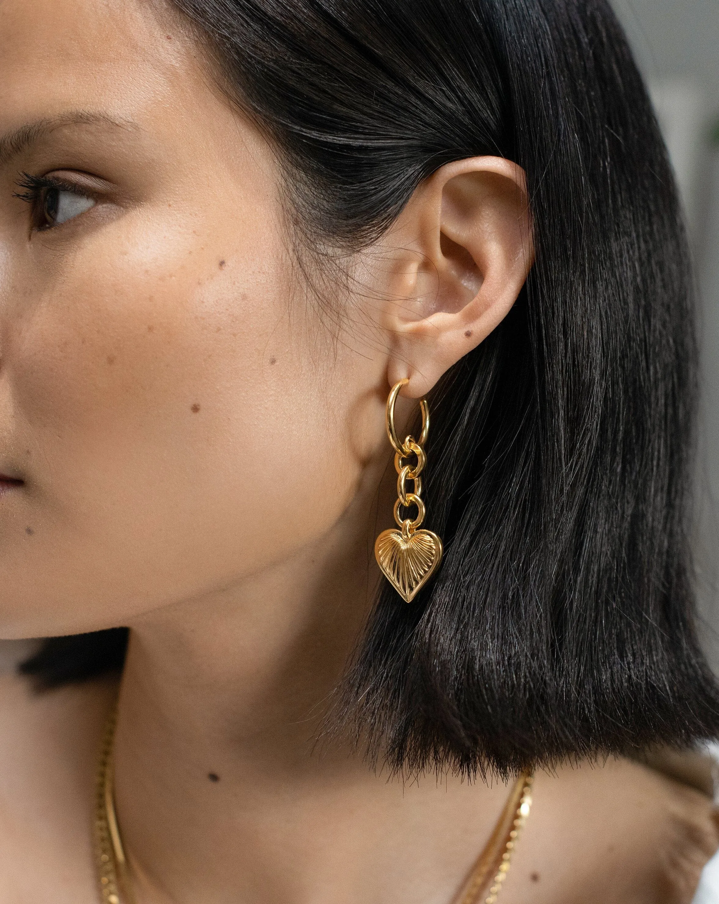 Ridge Heart Drop Hoop Earrings | 18ct Gold Plated