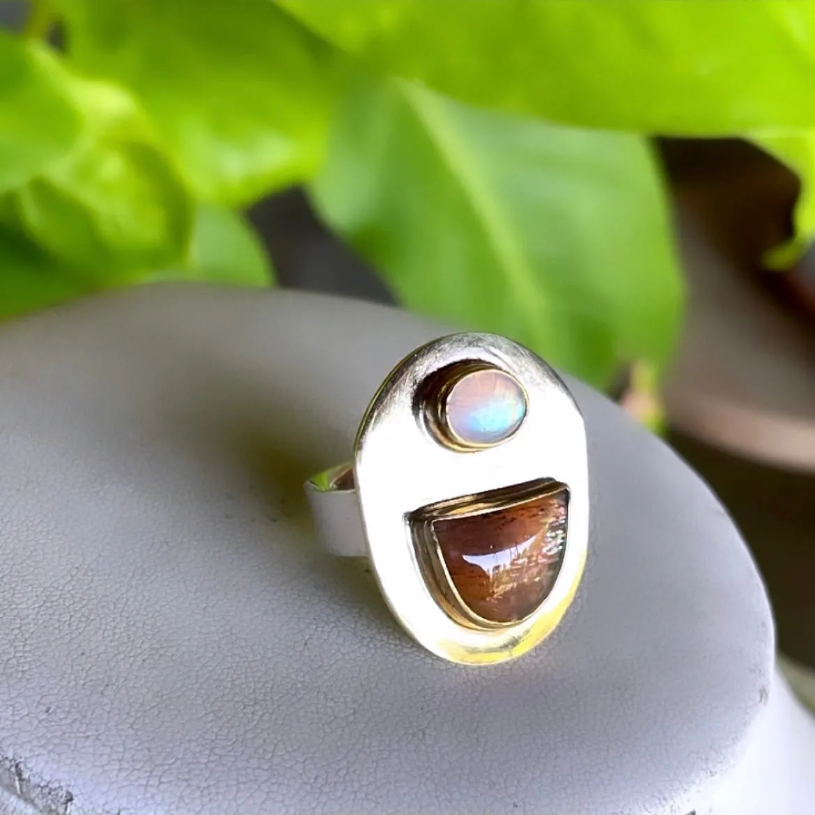 Shield ring with sunstone and rainbow moonstone