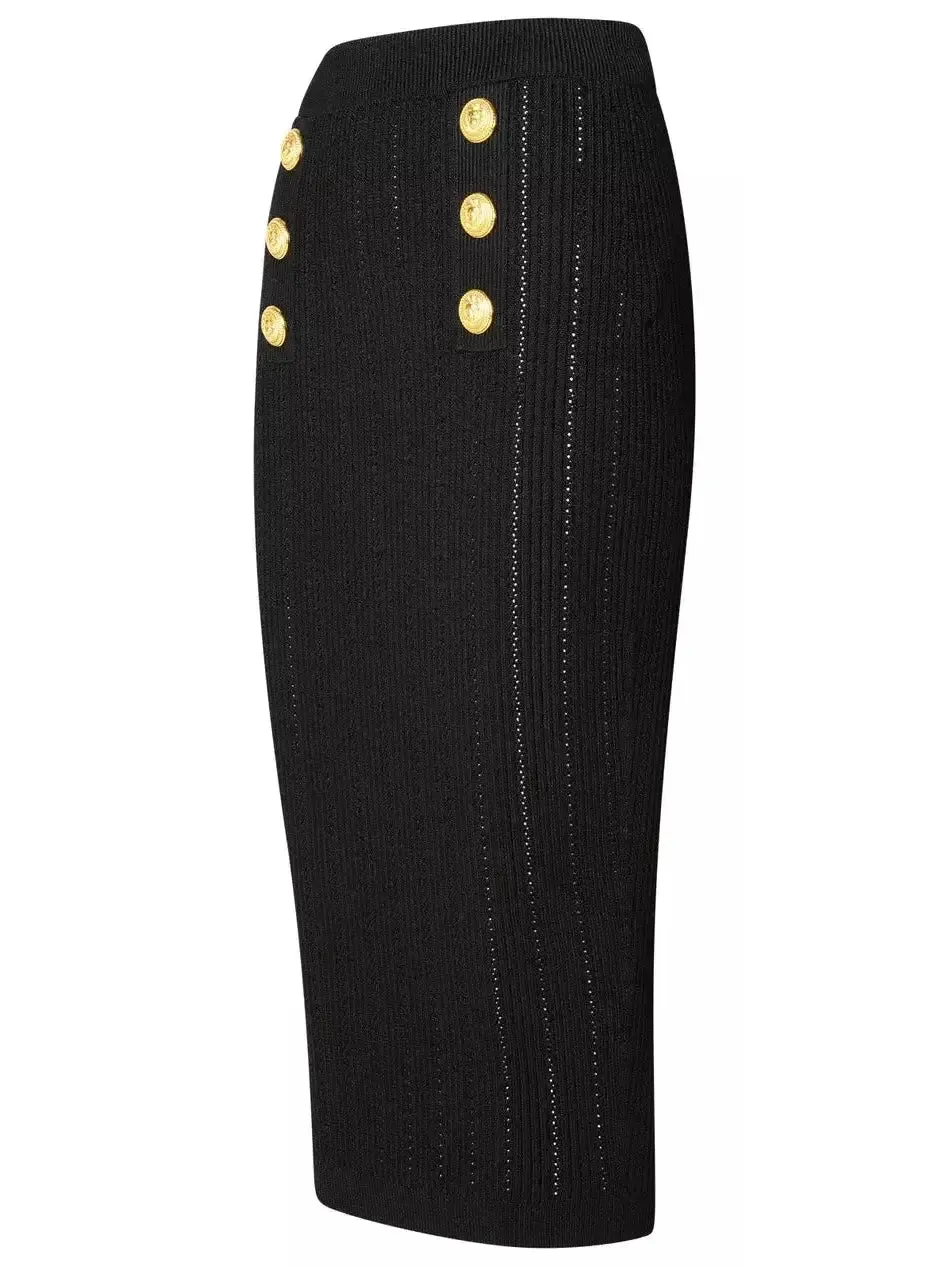 Women’s Buttoned Knitted Black Midi Skirt