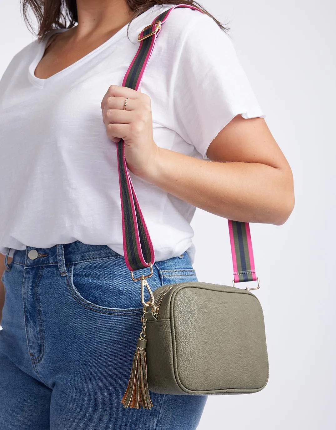 Zoe Crossbody Bag - Khaki with Khaki/Hot Pink Stripe